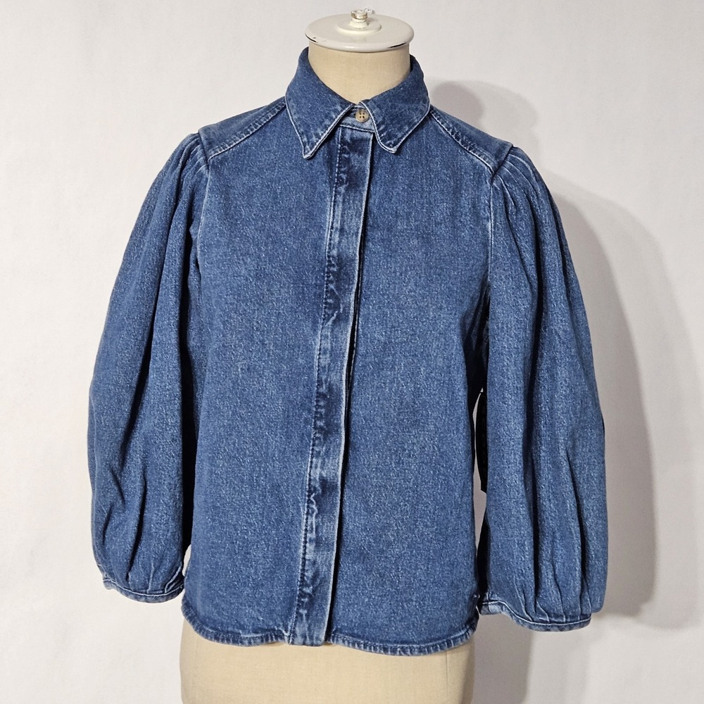 Scoop Women's Blue Denim Collared Button-Up Puff 3/4 Sleeve Blouse Sz XS (0-2)